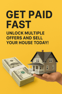 Home seller holding a miniature house beside cash stack with text ‘Get Paid Fast: Unlock Multiple Offers and Sell Your House Today’ promoting quick home sales and multiple offer opportunities