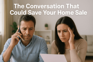 A worried couple talking to their lender about selling their home, highlighting the importance of communication and real solutions from Remedy Home Buyers.