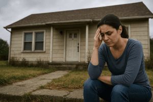 Worried homeowner sitting on the steps of an old inherited house in Midwest City, struggling with upkeep costs
