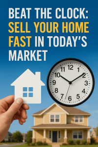 Beat the Clock: Sell Your Home Fast in Today’s Market — hand holding a house cutout beside a clock in front of a suburban home, symbolizing quick home sales.
