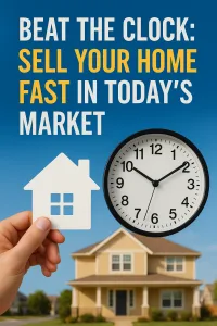 Beat the Clock: Sell Your Home Fast in Today’s Market Beat the Clock: Sell Your Home Fast in Today’s Market — hand holding a house cutout beside a clock in front of a suburban home, symbolizing quick home sales.