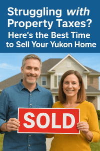 Smiling couple holding a red SOLD sign in front of their Yukon, Oklahoma home, representing homeowners selling fast and avoiding property tax issues with Remedy Home Buyers.