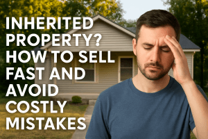 Smiling homeowner holding paperwork in front of an inherited house, learning how to sell their Tulsa property fast and avoid costly mistakes.