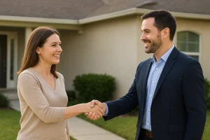 Smiling homeowner shaking hands with a real estate investor outside a house after learning the truth about common myths and selling her home fast for cash.