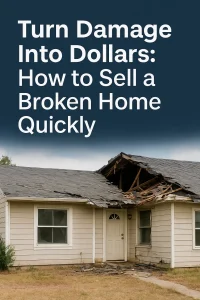 Damaged home with a collapsed roof and overgrown yard representing how to sell a broken house fast for cash.