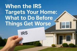 Homeowner holding an IRS letter in front of a suburban house with text ‘When the IRS Targets Your Home: What to Do Before Things Get Worse’ — representing tax lien and property sale options with Remedy Home Buyers.