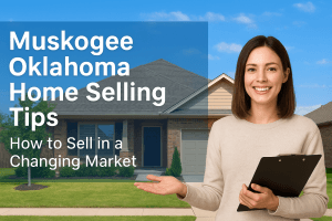 Real estate agent standing in front of a Muskogee Oklahoma home with text overlay offering home selling tips for a changing market.