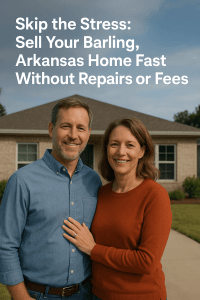 Smiling Barling Arkansas homeowners standing in front of their house with text overlay promoting fast, stress-free home selling without repairs or fees.