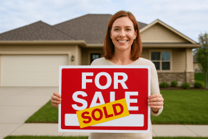 Smiling homeowner standing in front of her house holding a red “For Sale” sign marked “Sold,” symbolizing a fast and successful home sale