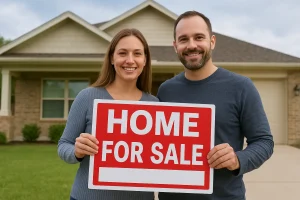 Smiling couple standing in front of their home in Bixby, Oklahoma holding a ‘Home for Sale’ sign, representing homeowners selling fast to resolve tax issues with Remedy Home Buyers.