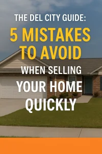 Del City Oklahoma home with text overlay highlighting ‘5 Mistakes to Avoid When Selling Your Home Quickly’ for a fast home-selling guide.