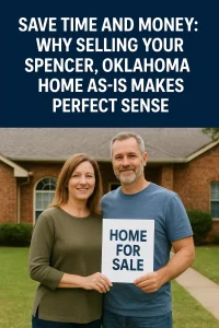 Happy couple standing in front of their home in Spencer, Oklahoma holding a ‘Home for Sale’ sign, promoting the benefits of selling a house as-is with Remedy Home Buyers.