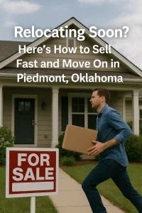 Homeowner carrying a moving box past a house with a For Sale sign, representing fast home selling options for relocating homeowners in Piedmont, Oklahoma.
