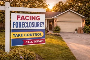 Single-story Choctaw Oklahoma home with a foreclosure notice sign showing an option to take control and sell before foreclosure