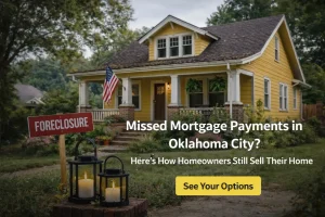 Small yellow home in Oklahoma City facing foreclosure, representing homeowners dealing with missed mortgage payments and exploring selling options.