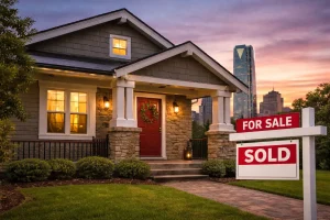 Craftsman-style home in Oklahoma City with a sold sign in the front yard, representing a fast and stress-free home sale
