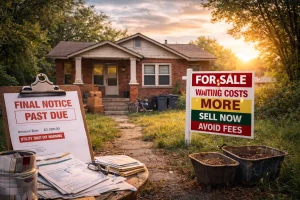 A Tulsa Oklahoma home with overdue bills and a for sale sign showing the cost of waiting to sell