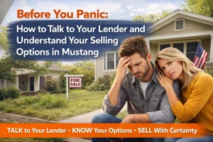 Mustang homeowners discussing selling options while facing mortgage stress in front of their home.