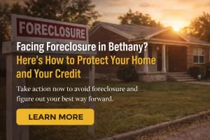 Bethany Oklahoma home with foreclosure sign at sunset highlighting options to protect your home and credit