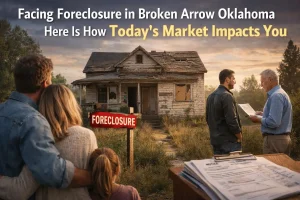Old foreclosed home in Broken Arrow Oklahoma with family standing outside showing the emotional impact of foreclosure