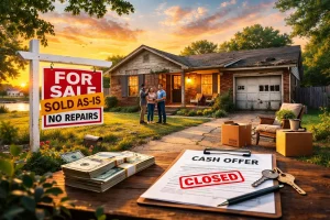 Claremore Oklahoma inherited home sold as is without repairs with cash offer and for sale sign at sunset