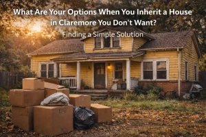 Old yellow two-story house in Claremore Oklahoma representing an inherited home the owner does not want