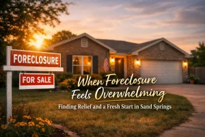 Sand Springs Oklahoma home at sunset with foreclosure sign in yard representing homeowner relief options before foreclosure