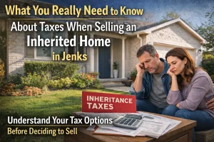Jenks Oklahoma inherited home with homeowners reviewing tax paperwork before selling property
