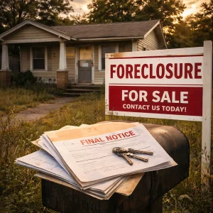 Midwest City Oklahoma home facing foreclosure with notice sign and final letter in mailbox representing pre foreclosure options