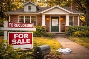 Brick home in Nichols Hills with foreclosure notice and for sale sign in front yard