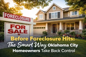 Oklahoma City home with a foreclosure sign showing an option to sell before foreclosure and take back control