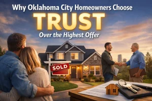Oklahoma City home at sunset with sold sign and handshake symbolizing homeowners choosing trust over the highest offer