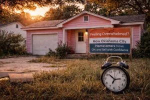 oklahoma-city-pink-home-sold-confidence Pink single-story Oklahoma City home at sunset representing a confident and stress-free home sale