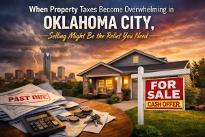 Oklahoma City home with for sale sign and past due property tax notice at sunset representing homeowners facing tax penalties