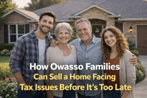 Owasso family standing in front of their brick home at sunset representing homeowners considering selling due to property tax issues