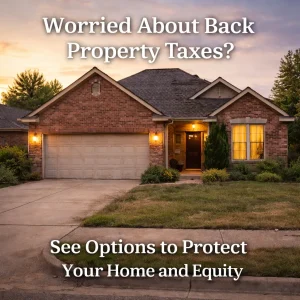 Aging brick home in Piedmont Oklahoma with overgrown yard representing back property tax challenges and homeowner relief options