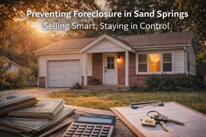 sand-springs-preventing-foreclosure-selling-smart Sand Springs Oklahoma home at sunset with paperwork and keys representing homeowners selling smart to prevent foreclosure