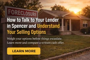 Brick home in Spencer with foreclosure sign at sunset, representing homeowners exploring lender conversations and selling options
