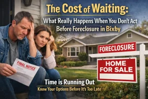 Bixby Oklahoma home with foreclosure sign and worried homeowners reviewing final notice before auction deadline