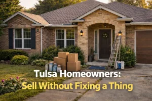 Tulsa Oklahoma brick home with repair items outside and headline Sell Without Fixing a Thing for homeowners selling as is