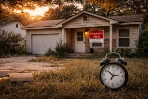 tulsa-time-running-out-home Tulsa Oklahoma home with foreclosure notice and clock symbolizing time running out for homeowners