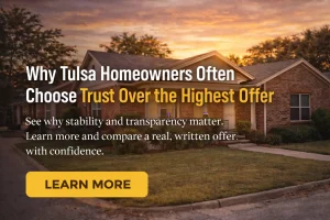 Brick home in Tulsa at sunset with message about choosing trust over the highest offer when selling