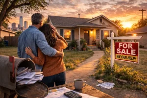 Tulsa homeowners standing in front of their house at sunset with for sale sign representing relief and home selling solutions