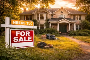 Large inherited home in Warr Acres at sunset with for sale sign in front yard