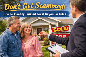 Happy homeowners receiving house keys from a trusted local home buyer in front of a sold sign outside a Tulsa home.