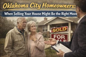 Oklahoma City homeowners smiling outside their house with a 'SOLD' sign as a trusted home buyer hands them the keys, representing a smooth and stress-free sale.