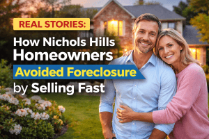 “Nichols Hills homeowners standing in front of their home after avoiding foreclosure by selling their house quickly.”