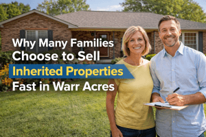 “Warr Acres family standing in front of their inherited home after choosing to sell it quickly.”