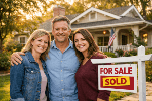 “Siblings standing in front of inherited family home with sold sign in Bethany after agreeing to sell the property together.”