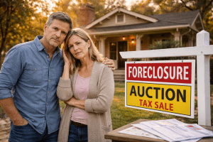 “Worried homeowners in Choctaw standing in front of their home with tax foreclosure notice and auction sign.”